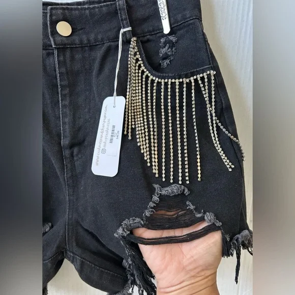 NWT CASHMERE & CHAMPAGNE DIAMOND TASSELS RIPPED DENIM SHORTS Sz. S - Picture 7 of 14